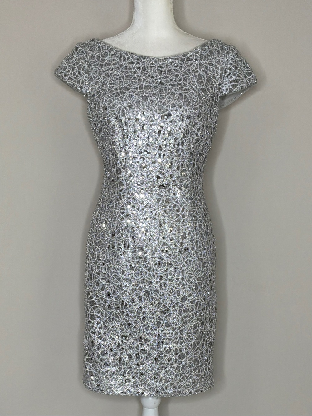 Adrianna Papell Silver Sequin Lace Mini Cocktail Formal Dress Size 10